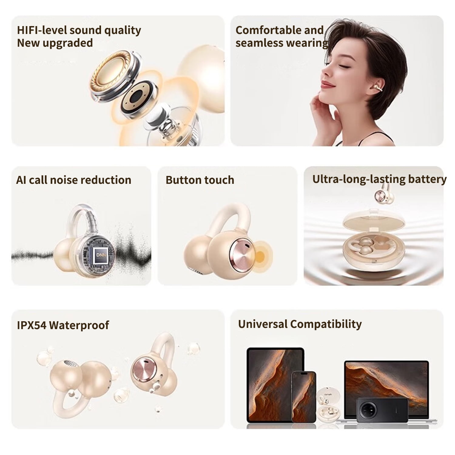 Open Ear Clip on Earbuds, 80H Play Bluetooth 5.3 Wireless Headphones, IPX4 Waterproof, HD Sound & Secure Fit, Comfortable Lightweight Gym Headphones for Running, Workouts（Champagne Gold）