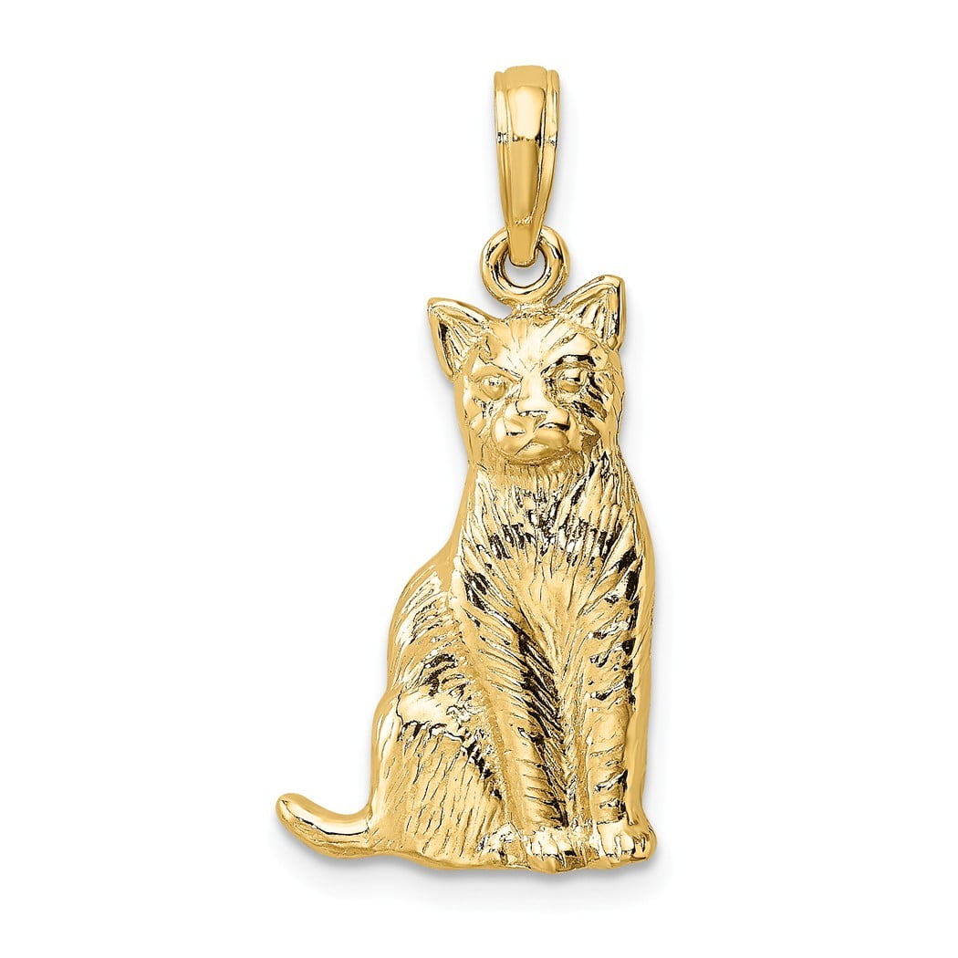JewelryWeb 14k Gold Cat Sitting 2 d and Textured Charm Jewelry Gifts