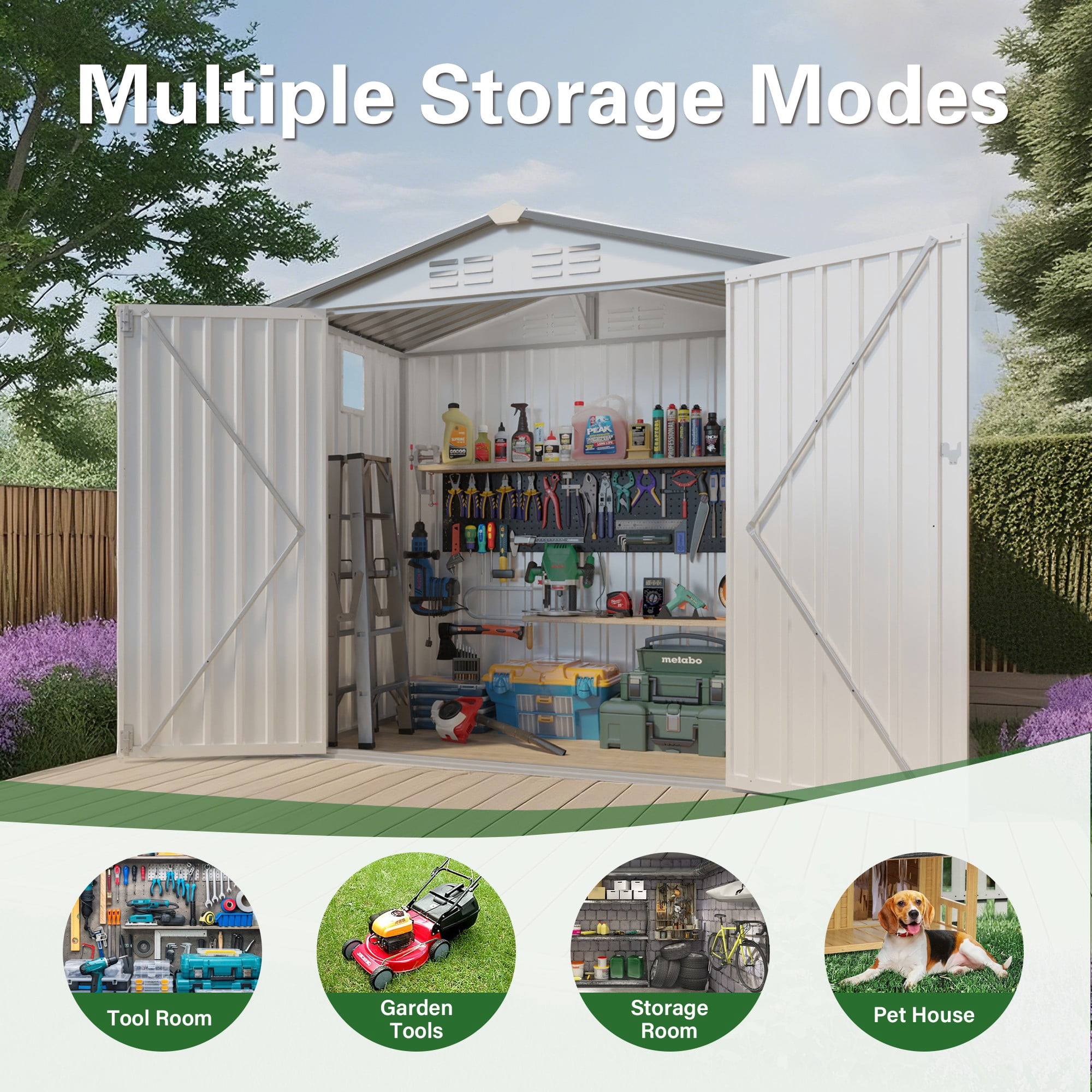 Aukfa 6x3.6 FT Outdoor Storage Shed with Lockable Door & Peaked Roof, Waterproof Garden Shed, Compact Metal Shed for Backyard, Patio, Bike & Tool Storage, White