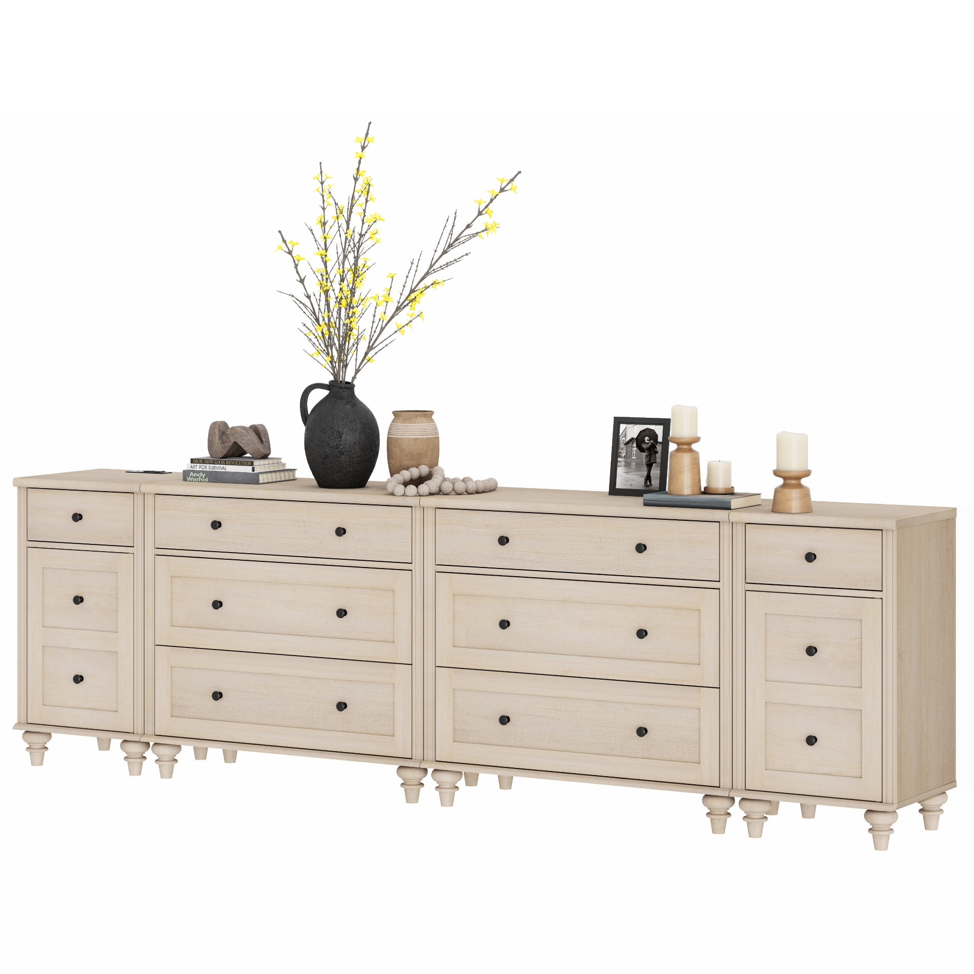 WAMPAT Farmhouse TV Stand for 100 Inch TV, 3-in-1 TV Console Table with 8 Drawers and 2 Storages, Entertainment Center with Charging Station for Living Room, Beige
