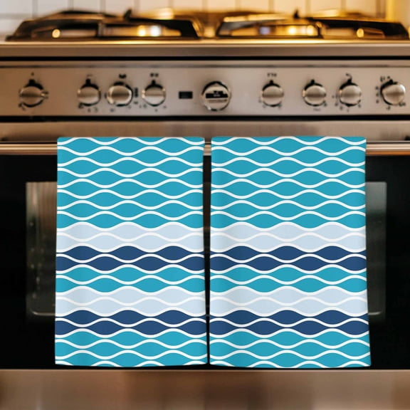 Ombre Teal Blue Kitchen Towels Set of 4, Modern Abstract Waves Morocco Striped Absorbent Dish Towels for Kitchen, Microfiber Hand Towel, Quick Drying Tea Towel for Cleaning Decorative Dishcloths