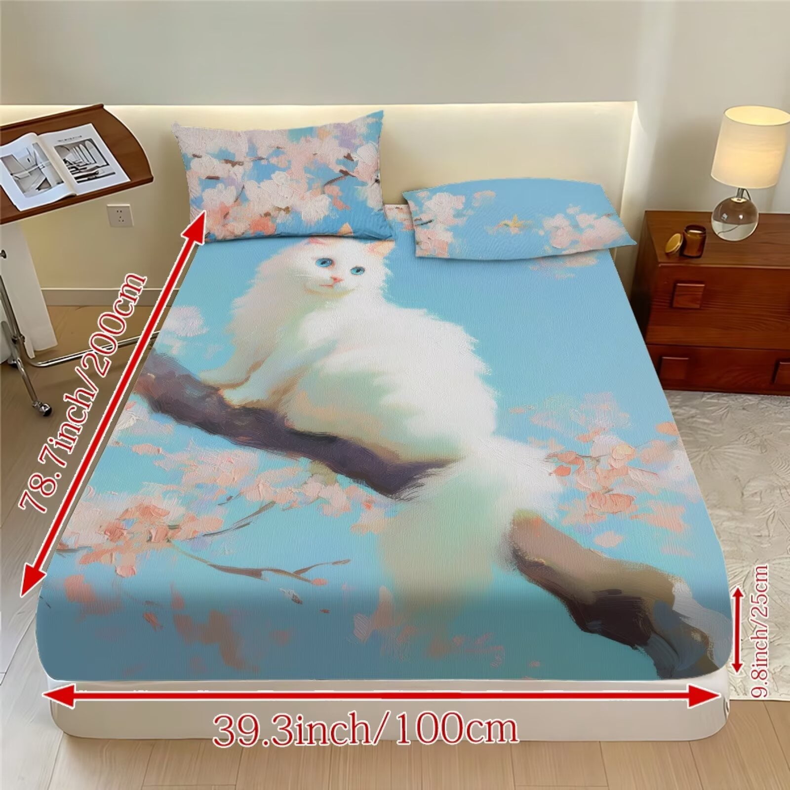 ZIATUBLES 3 PCS Twin Size Sheets Set, 1 Fitted Sheet with 2 Pillowcases, 9.8" Standard Pocket Chic Bed Sheets Set, Soft Cozy Bedding Bedroom Decor, Cherry Blossom White Cat Print