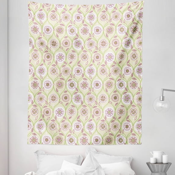 Floral Tapestry, Repetitive Vintage Flowers Spring Art Illustration, Fabric Wall Hanging Decor for Bedroom Living Room Dorm, 5 Sizes, Cream Avocado Green, by Ambesonne