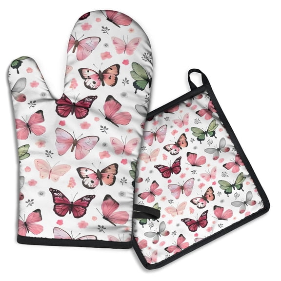 White Butterfly Pattern Kitchen Oven Mitt and Pot Holder Sets 2 Pcs for Baking, Cooking and Grilling, Heat Resistant Up To 392 °F
