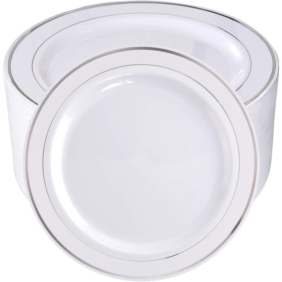 100 Silver Plastic Disposable Dinner Plates 10.25 Inch with Silver Rim