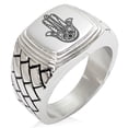 thumbnail image 1 of Stainless Steel Evil Eye Hamsa Hand of Fatima Geometric Pattern Step-Down Biker Style Polished Ring, 1 of 1