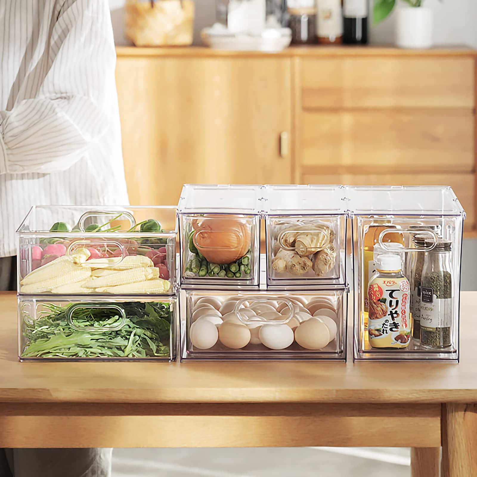 4 Pack Stackable Refrigerator Organizer Bins Pull-out Drawers For Fruit And Veggies Storage Fridge Clear Drawer Containers With Handle Divided Organization Produce Saver