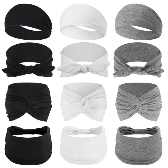 Bocaoying 12 Pack Headbands for Women, Non-Slip and Soft, Fabric Hair Bands for Yoga, White/Gray/Black