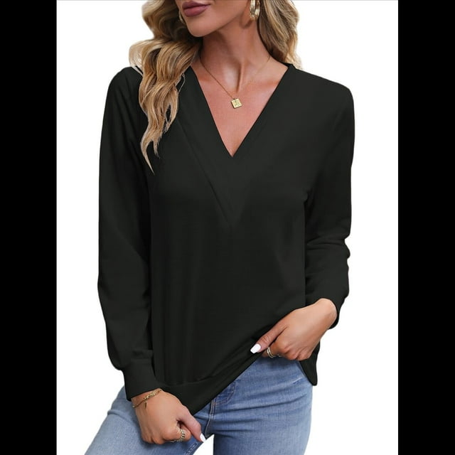 Camisetas de Larga para Mujer, Camisetas Informales con Cuello en V, Cómodas, Básicas y Suaves Negro XL