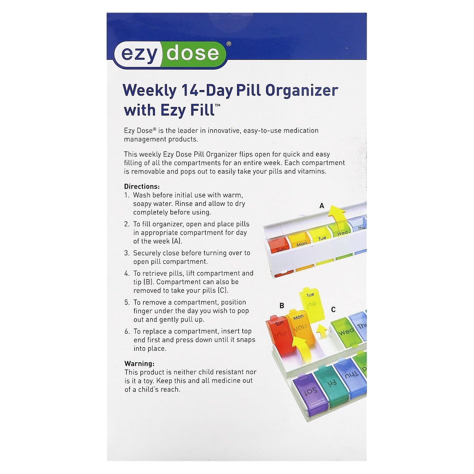 Ezy Dose Pill Organizer with Weekly 14 Day, 1 Ea..