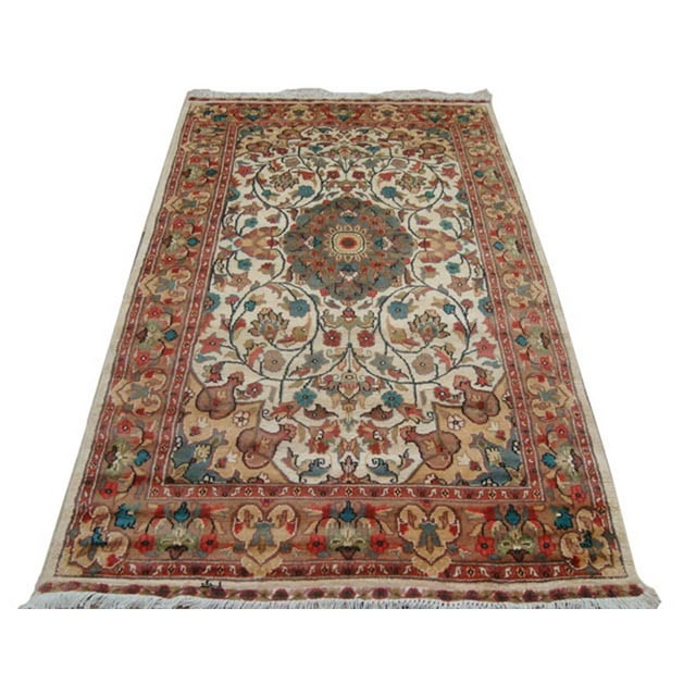 Exclusive Ivory Medallion Designed Rectangle Area Rugs Hand Knotted Wool Silk Carpet (6 x 4)'
