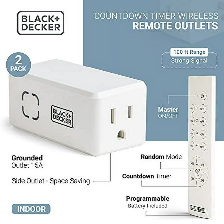 BLACK+DECKER Wireless Remote-Control Outlet Timers, Pack of 2 Grounded  Outlets, 1 Remote