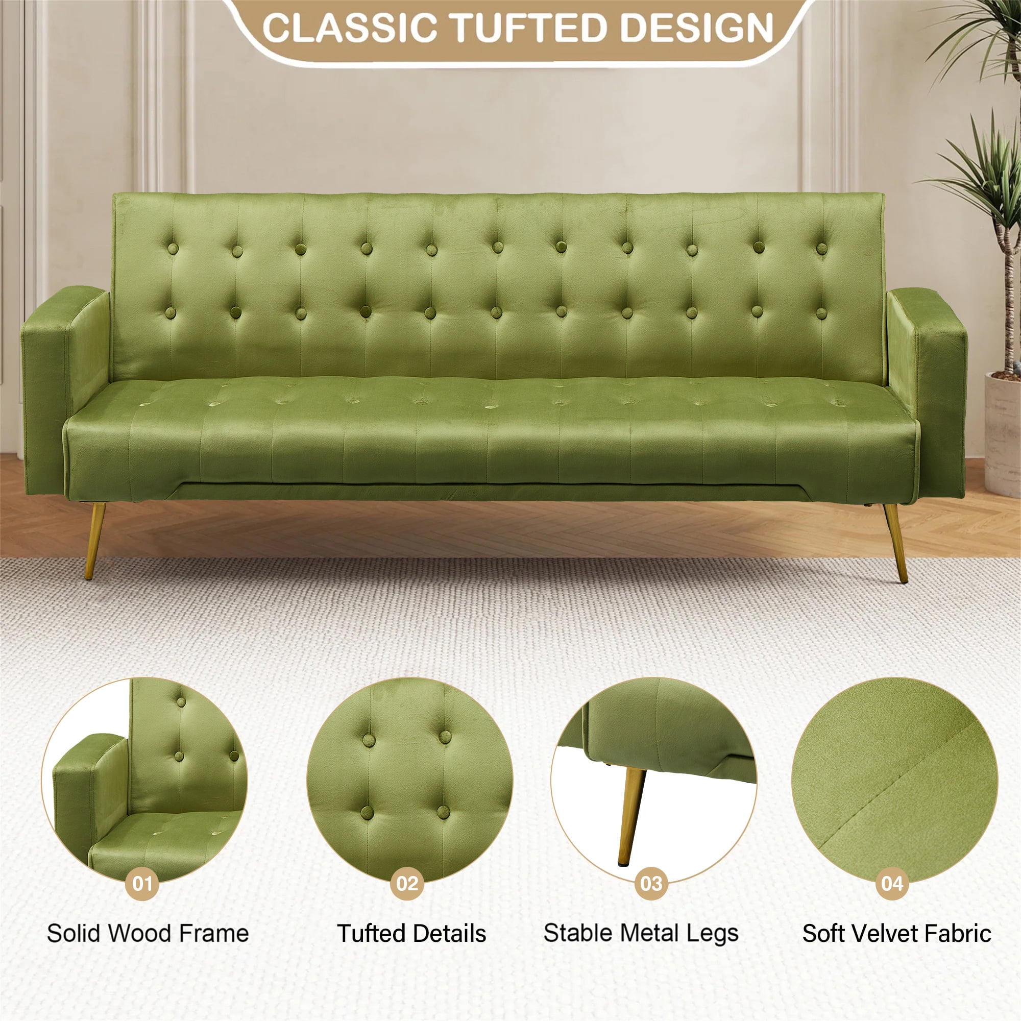 Aukfa 76" Velvet Futon Convertible Sofa Bed, 3 Seat Tufted Couch for Home Office, Army Green