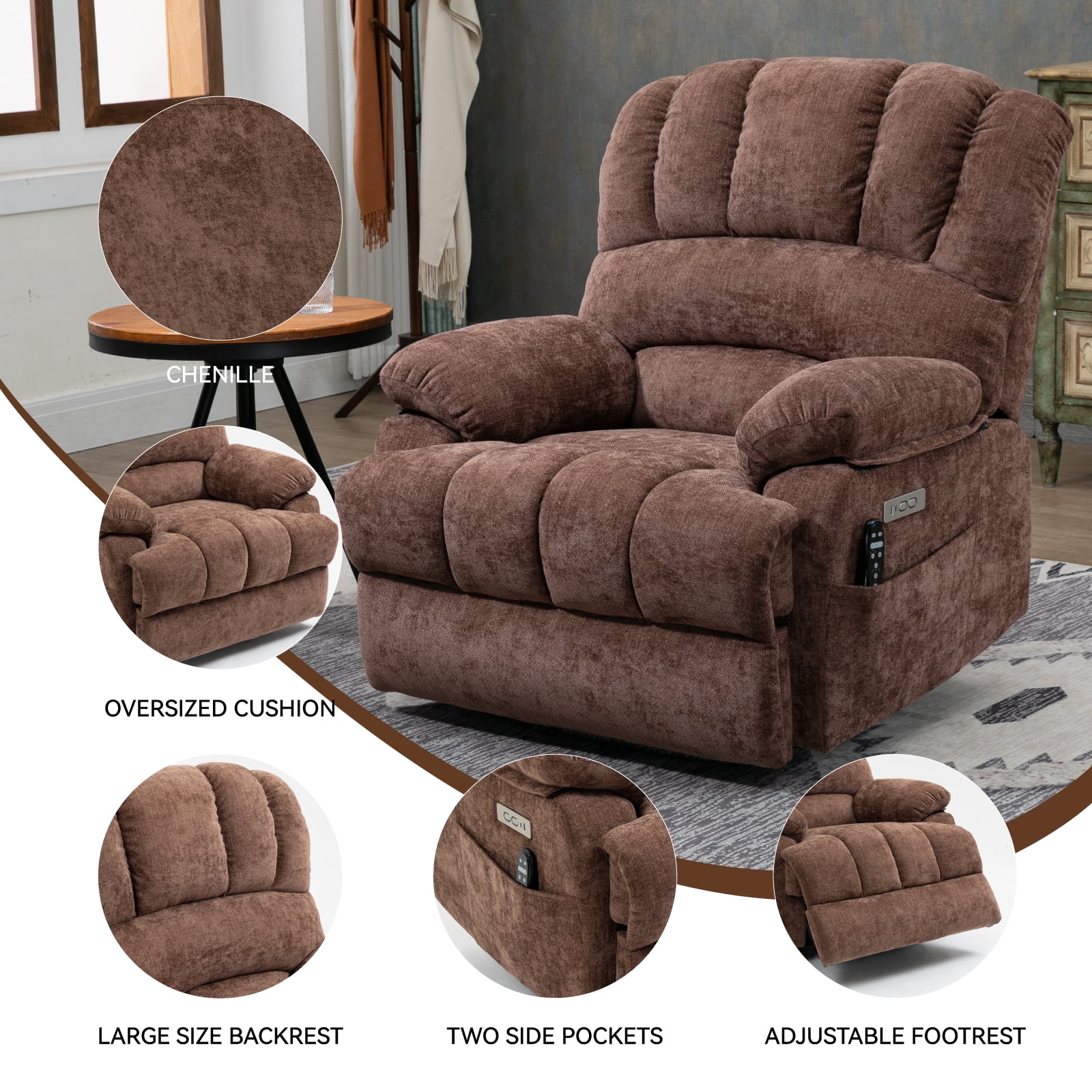 Extra Wide Power Lift Recliner Chair for Elderly, Oversized Chenille Lift Chair with 8-Point Massage & Lumbar Heat, USB Charging Port, Side Pockets, 350 lbs Capacity