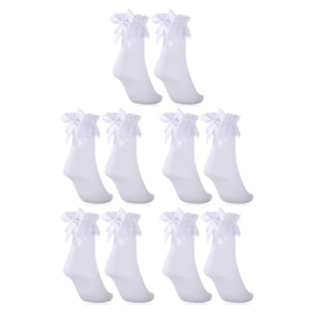 relayinert White Lightweight Women Lace Socks With Bow For Chic Look Stretchy Opaque Ruffle Lace Socks 5Set