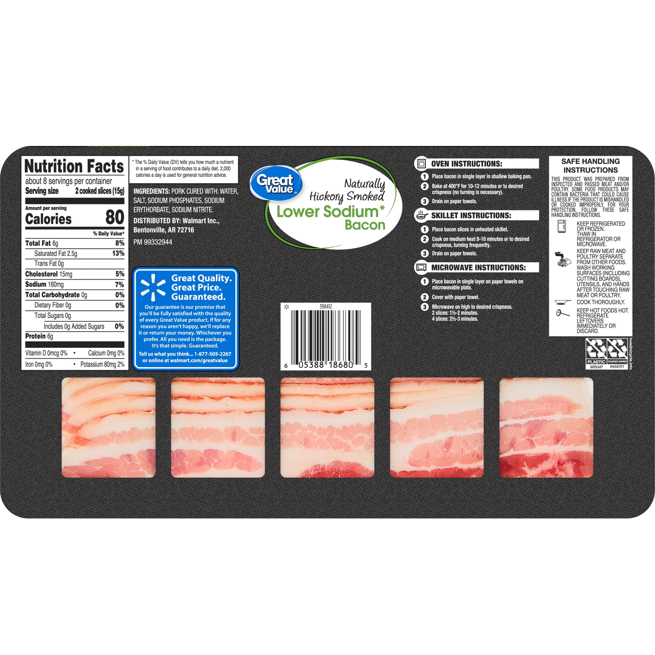 Great Value Hickory Smoked Lower Sodium Bacon, 16 oz