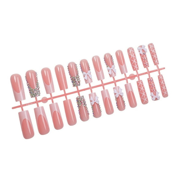24Pcs Reusable French Styles Faux Nails with Sweet Bows and Rhinestones Charm for Women Long Square Press On Nails