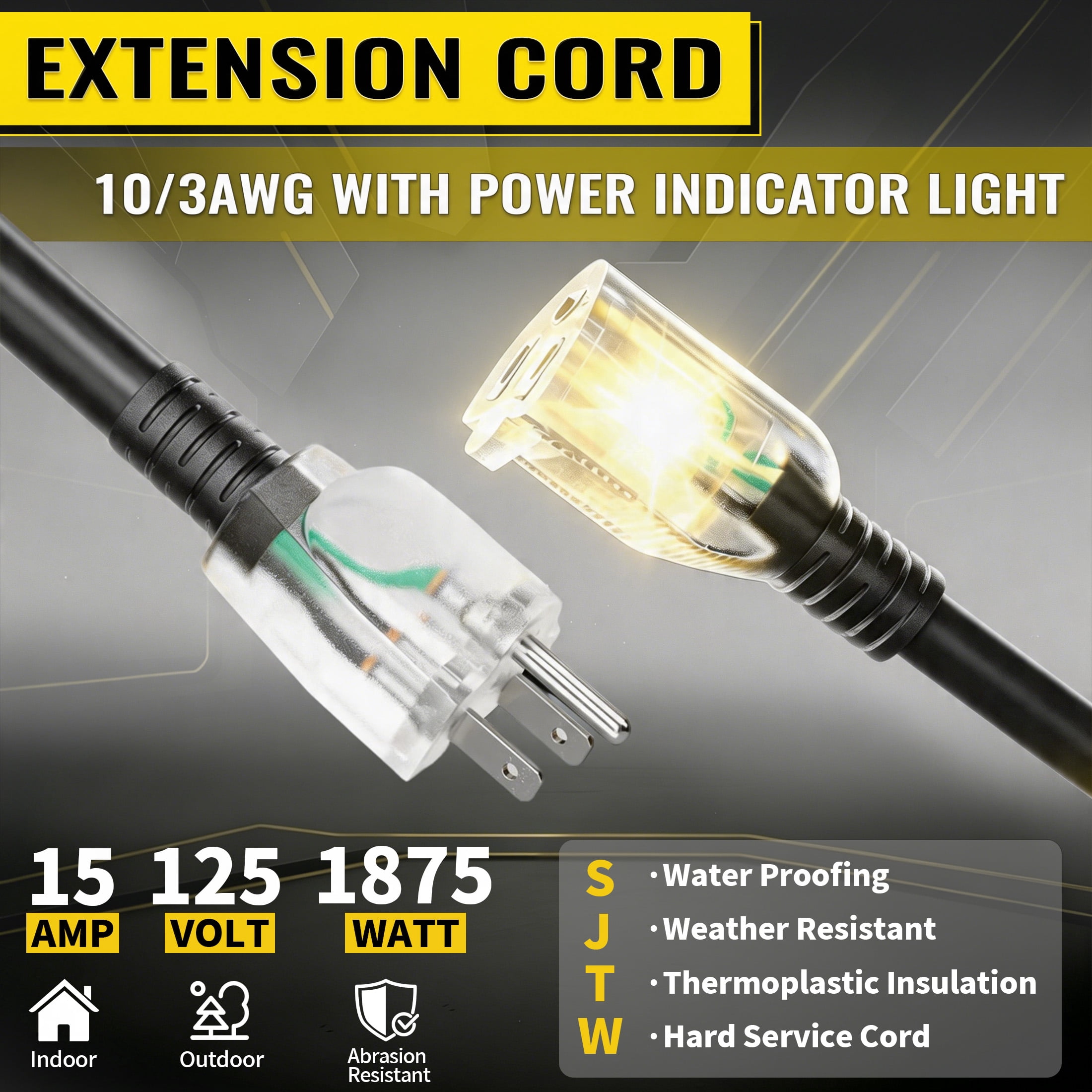 ZAZFO 15ft 10 Gauge Extension Cord, 3 Prong 5-15P to 5-15R, SJTW with Power Indicator Light, Heavy Duty Flexible Durable, Black Waterproof for Outdoor Use