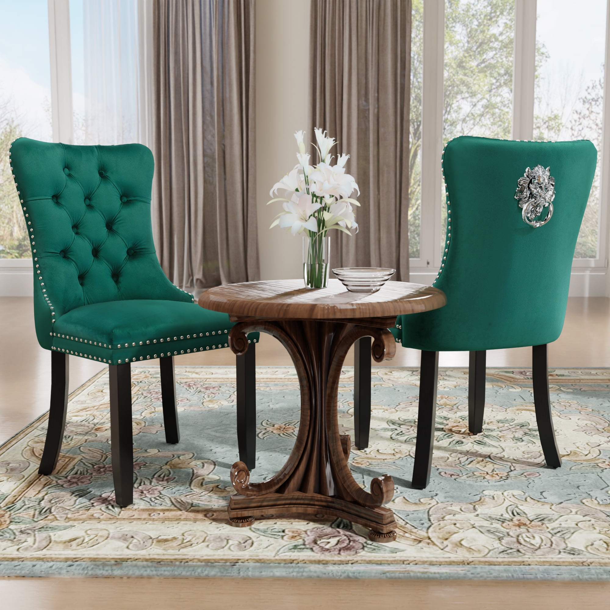 DONICK Velvet Upholstered Dining Chairs , Kitchen & Dining Room Chairs, Nailheads Tufted, Soft, Solid Wood Frame (Green, Set of 4)