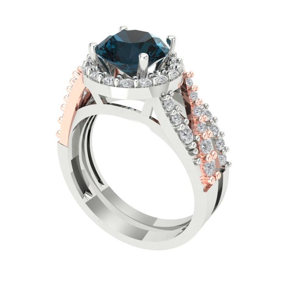 Clara Pucci 18K White/Rose Gold 2.32 Natural London Blue Topaz Engraveable Engagement Ring   Wedding Band Set