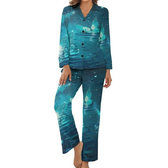 PoBuds Women's Long Sleeve Flannel Pajama Set Sleepwear Butterfly Ocean S