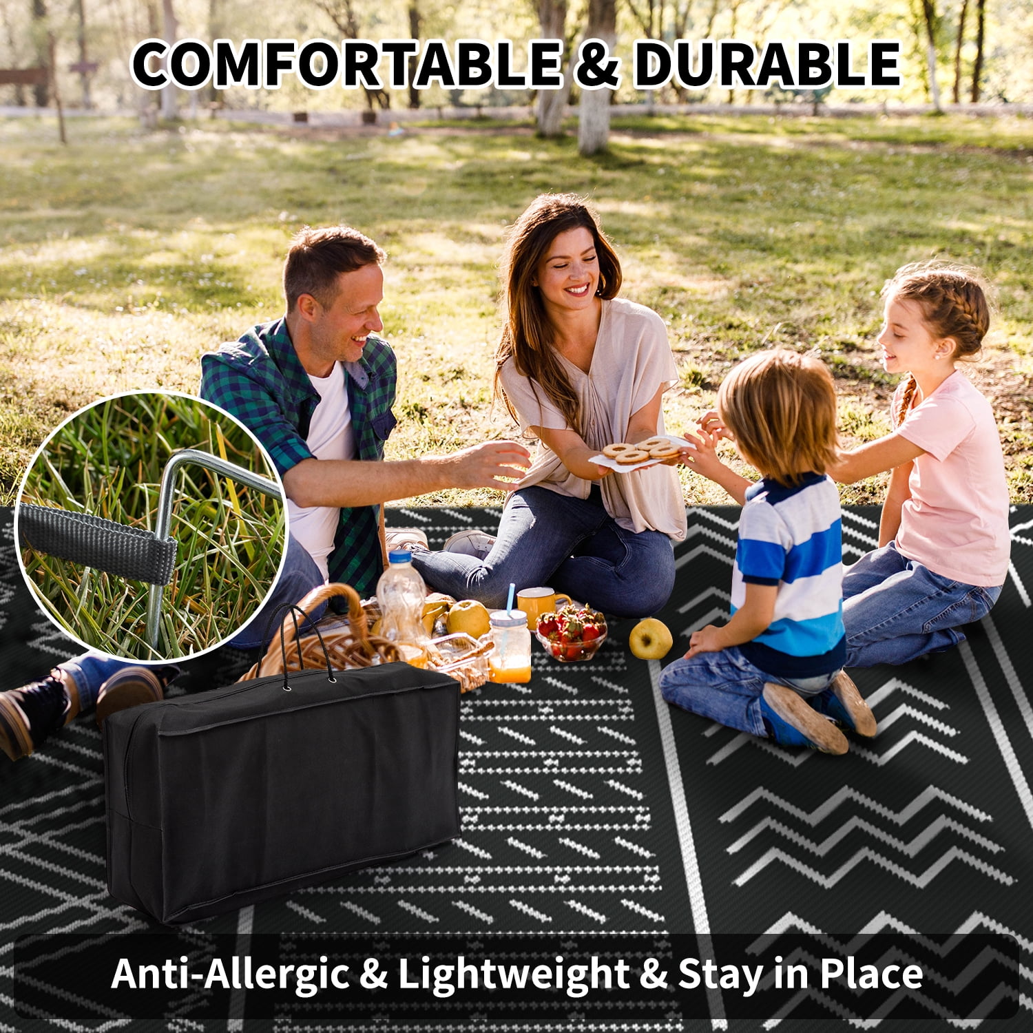 SIXHOME Outdoor Rug 6'x9' Waterproof Patio Rug Reversible Indoor Outdoor Rug Lightweight Plastic Straw Rug for RV Camping Deck Balcony Boho Porch Decor Dark Grey and White