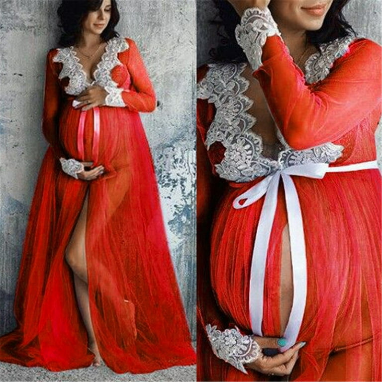 WAJCSHFS Maternity Dresses Maternity Maxi Dress Women Casual Wrap Long Baby  Shower Pregnancy Dresses (Red,L)