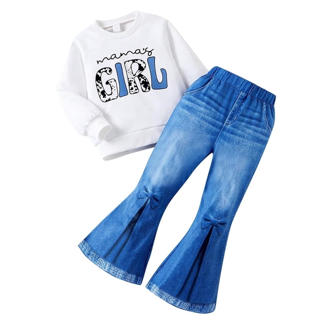 Odeerbi 3-7 Años Niñas Conjuntos de Algodón de Manga Larga Sudadera Acampanados Jeans de Dos Piezas Conjunto de Pantalones de Mezclilla Conjunto de Dos Piezas Pantalón Vaquero