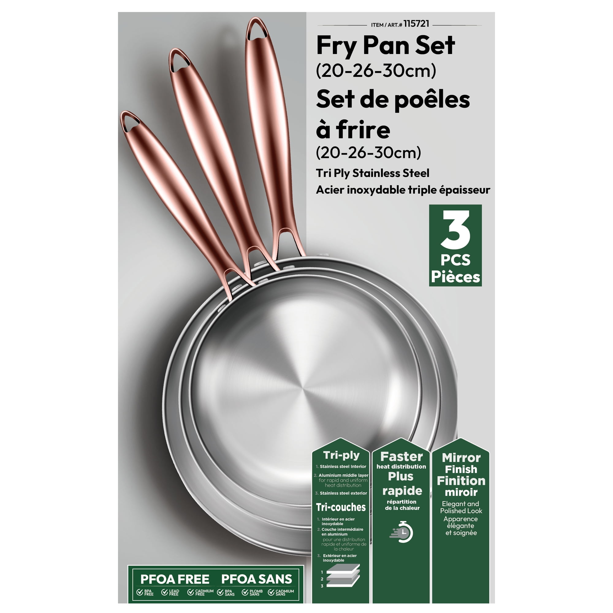 Kitchen Star 3 Ply Series Stainless Steel Fry Pan Set, 20-26-30 cm, Gold Handle, Easy Cleanup