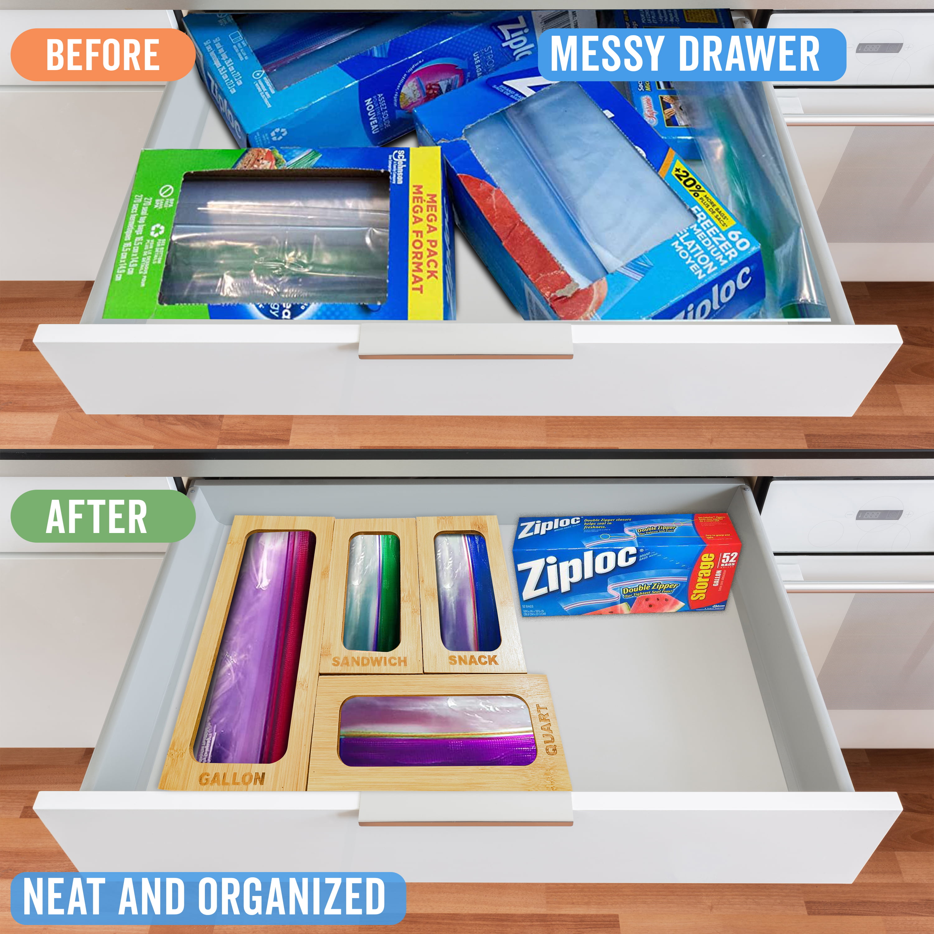DECOMIL – Ziplock Bag Storage Organizer | Plastic Bag Organizer |Baggie Organizer Dispenser for Drawer | Food Storage Bag Organizer