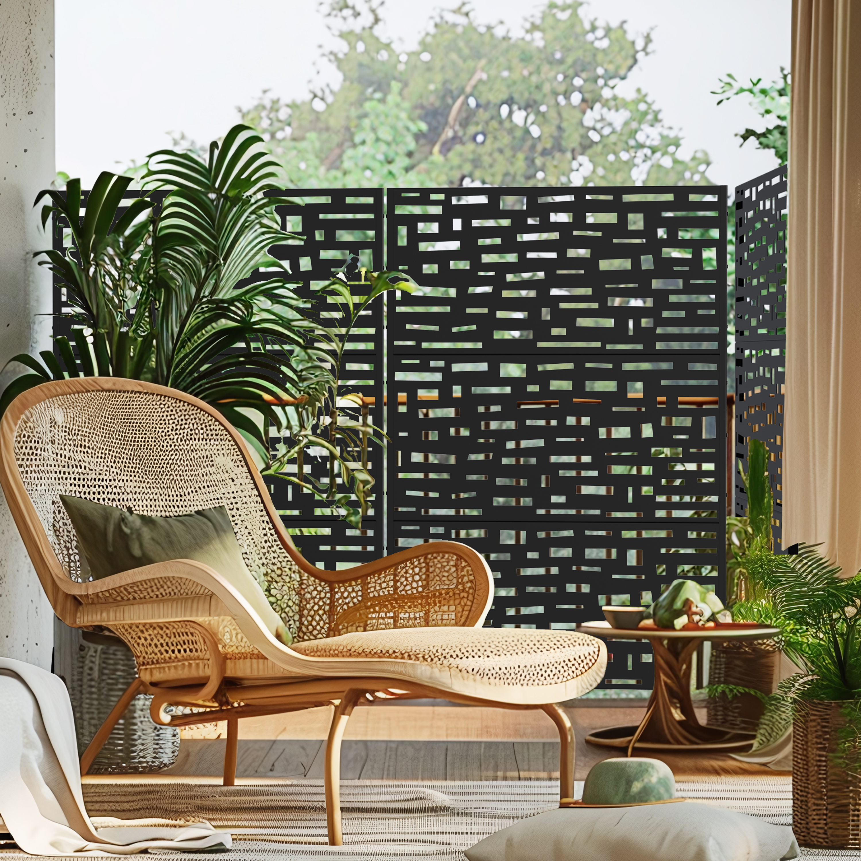 MAYEERTY 72×47" Outdoor Black Metal Privacy Panel Screen for Backyard & Garden, Wide Street Pattern