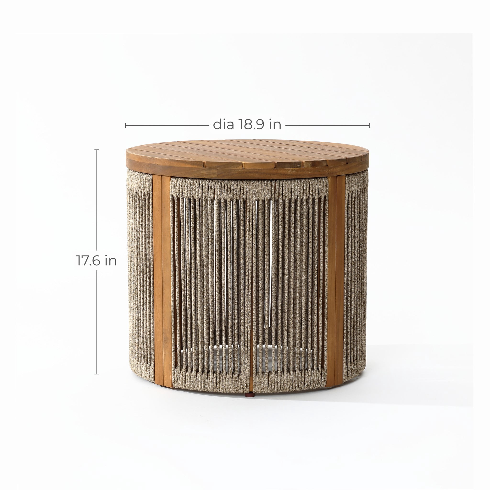 LuxenHome Outdoor Acacia Wood Rope Sides Round Drum Side and End Tables