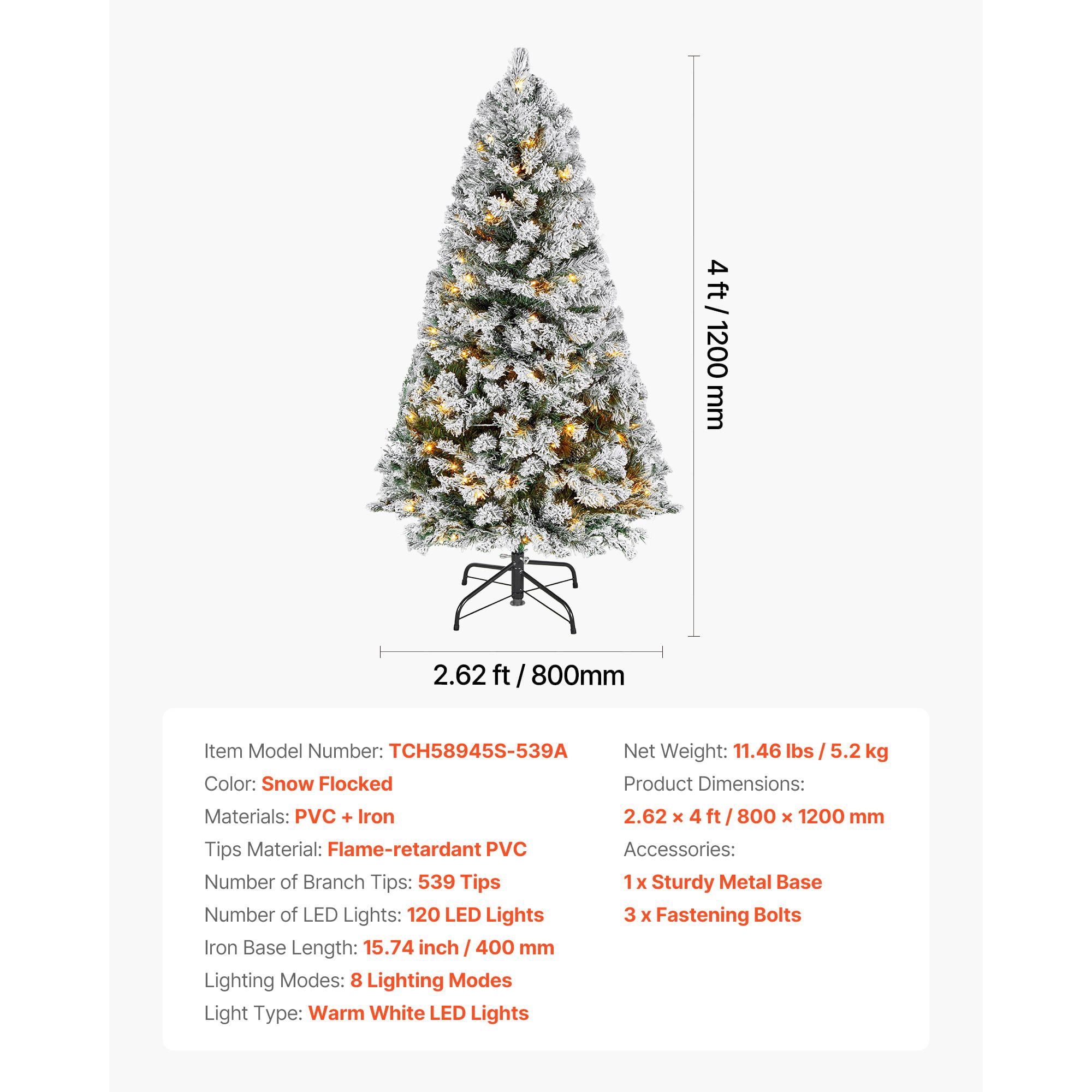 Christmas Tree, 4ft Prelit Flocked Artificial Tree, Full Holiday Xmas Deco Trees with 120 Warm White LED Lights, 8 Lighting Modes & 539 Branch Tips for Home Party Office Decoration