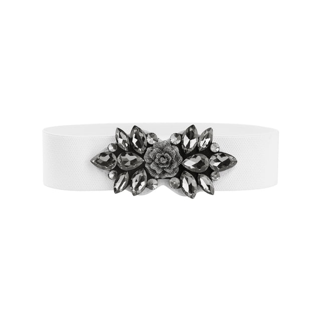 Cinturones elásticos para mujeres, banda de cintura de flores de rosa vintage elegante con rhinestones para vestido abrigo 90x6cm/35.4x2.4" Banda blanca-negra