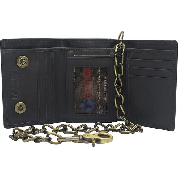 CAZORO Men's RFID Blocking Trifold Vintage Leather Biker Chain Wallet With Snap Closure Black