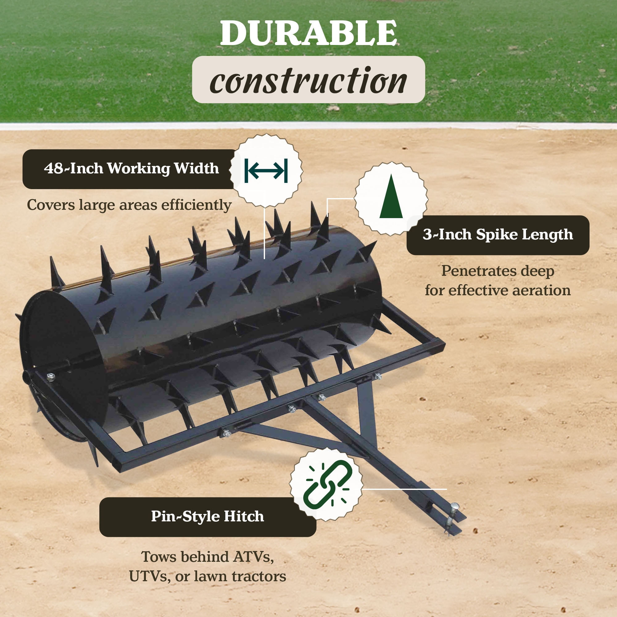 Yard Tuff 48 Inch Wide Drum Spike Aerator with Pin Style Hitch, Black
