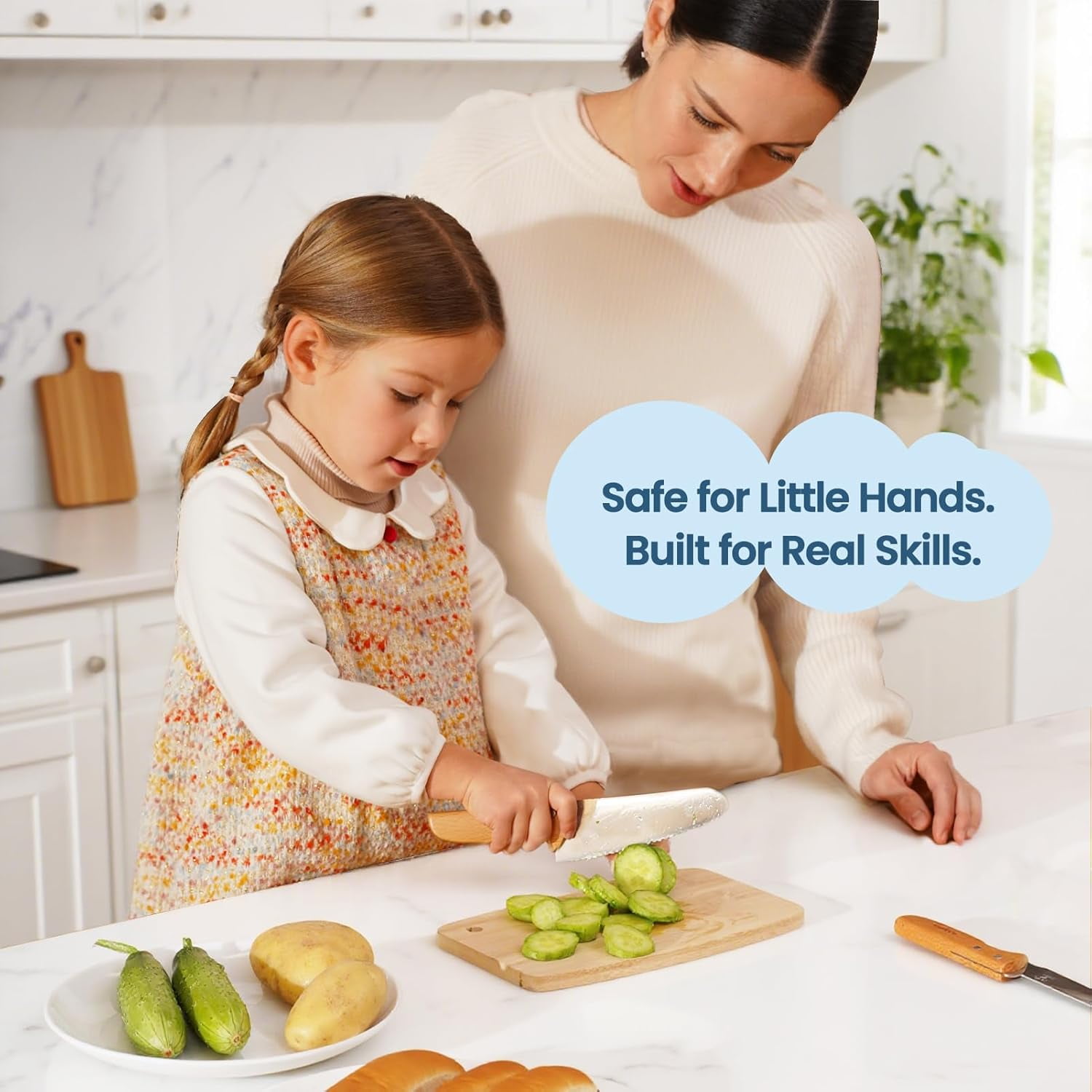 Kids Knife Set for Real Cooking, 4pcs Safe Kitchen Knives Beginners, Food-grade Stainless Steel Blades Cutting Chopping, Child First Starter knife, BPA-free (Silver)