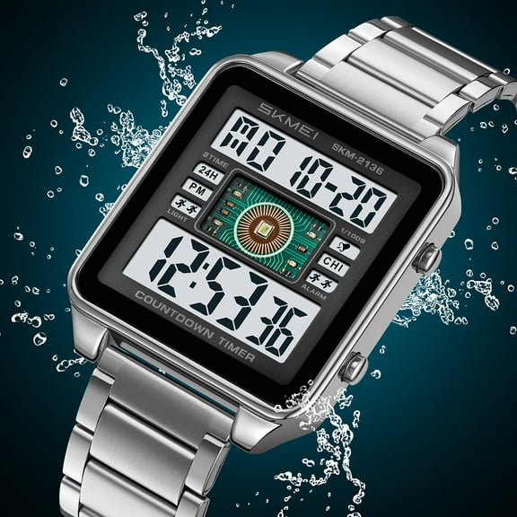 Tactical Square Digital Watch for Men - Military Style Outdoor Chronograph with Stainless Steel Band, Waterproof for Hiking