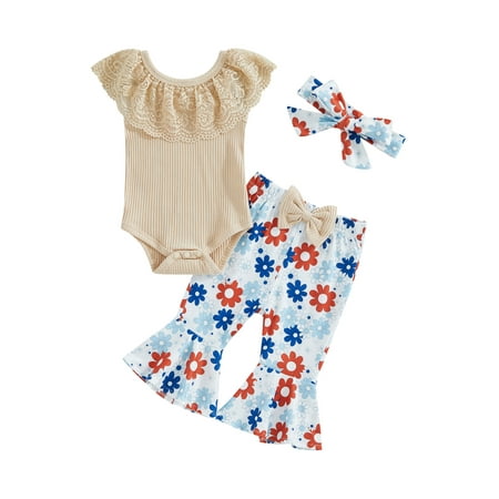 

Bagilaanoe 4th of July Clothes for Newborn Baby Girls Lace Sleeveless Romper Tops + Flare Trousers + Headband 3M 6M 12M 18M Infant Independence Day Outfits 3pcs Long Pants Set