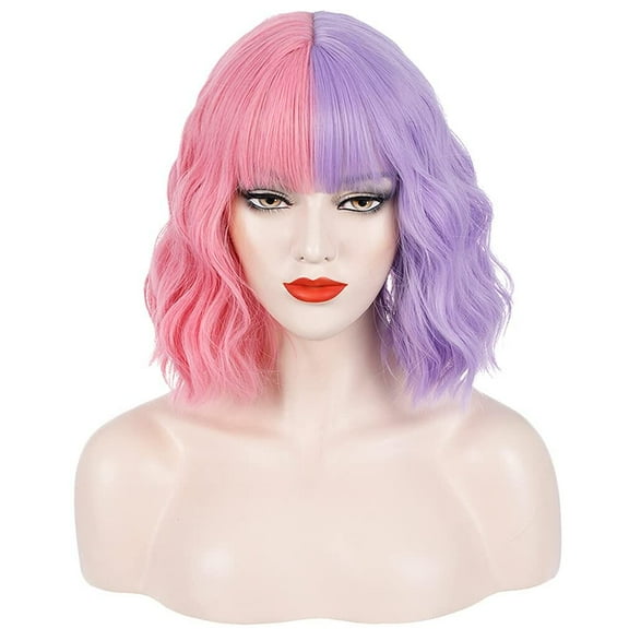 BERON Pink and Purple Wig Short Wavy Wig With Bangs for Women Heat Resistant Synthetic Hair Wigs for Daily Use Wig Cap Included