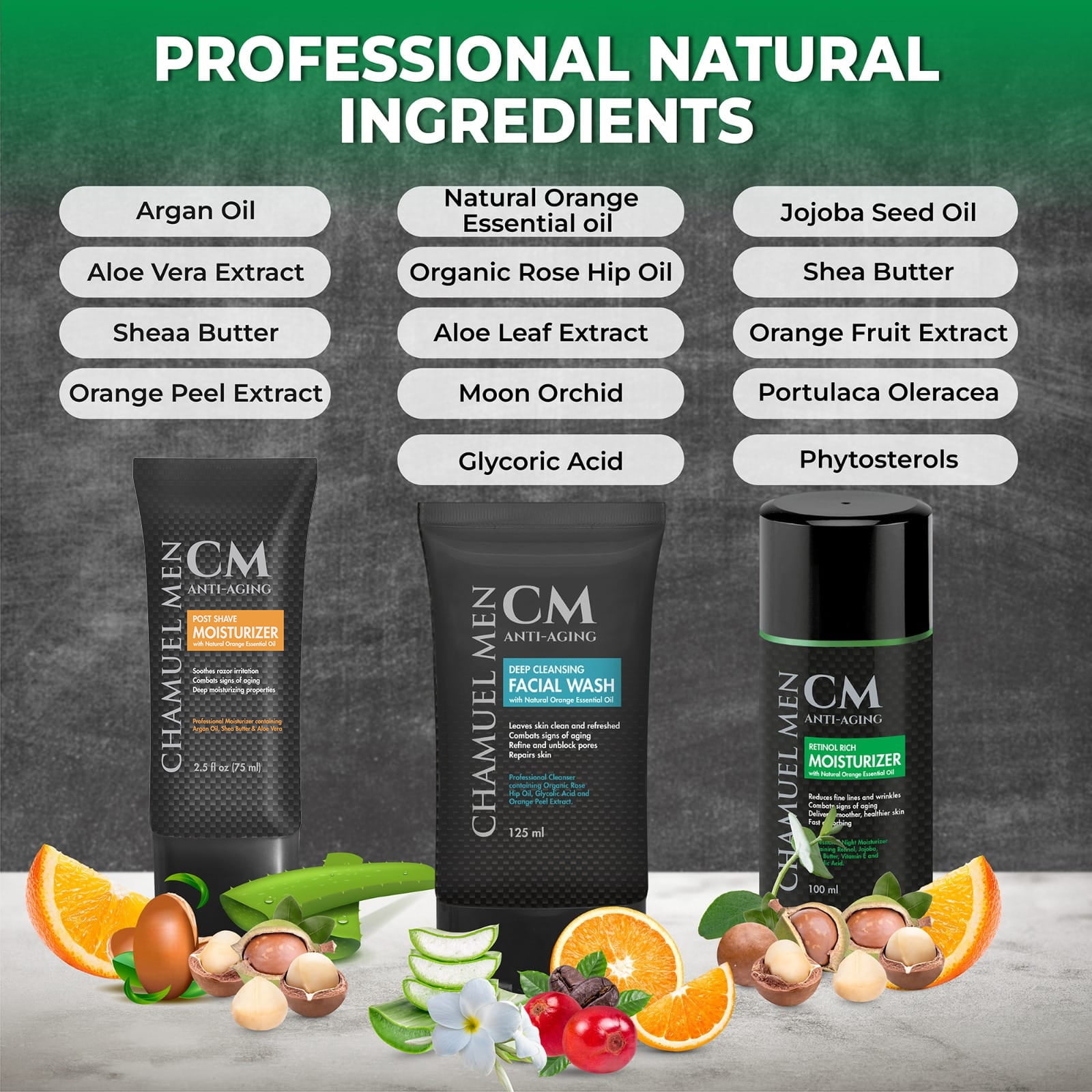 Chamuel Men All You Need 3-Piece Skin Care Set, Anti Aging Face Wash, Aftershave Lotion, and Retinol Night Cream
