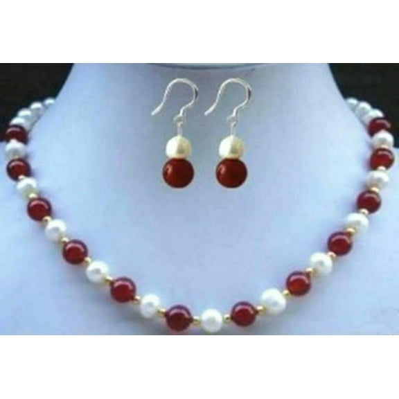 K-KED 8mm Natural Red Jade Beads White Cultural Pearl Necklace Earrings Set 18''