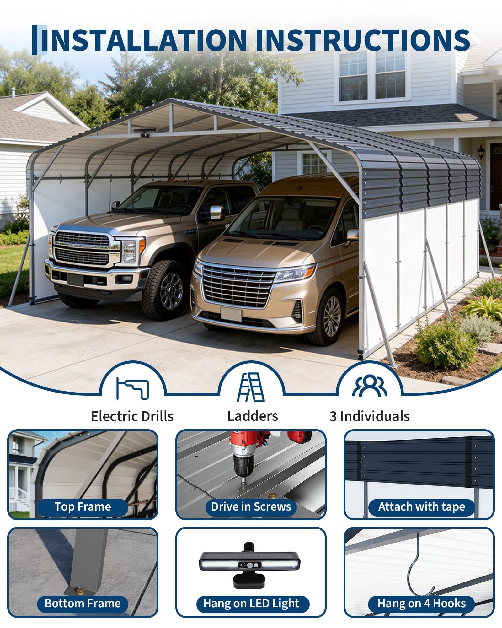 20x25 FT Heavy Duty Metal Carport - Outdoor Portable Garage Shelter - Galvanized Steel Roof, Removable PE Sidewalls, Reinforced Base, LED Light - for Cars, Trucks, Boats