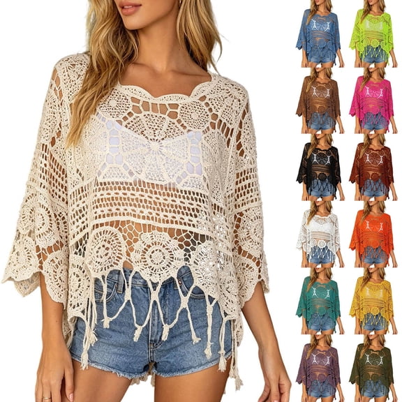 Boho Crochet Coverup Tops for Women Fringe Trim Hollow Out Beach Cover Up 3/4 Sleeve Scallop Bathing Suit Cover Up Summer Vacation