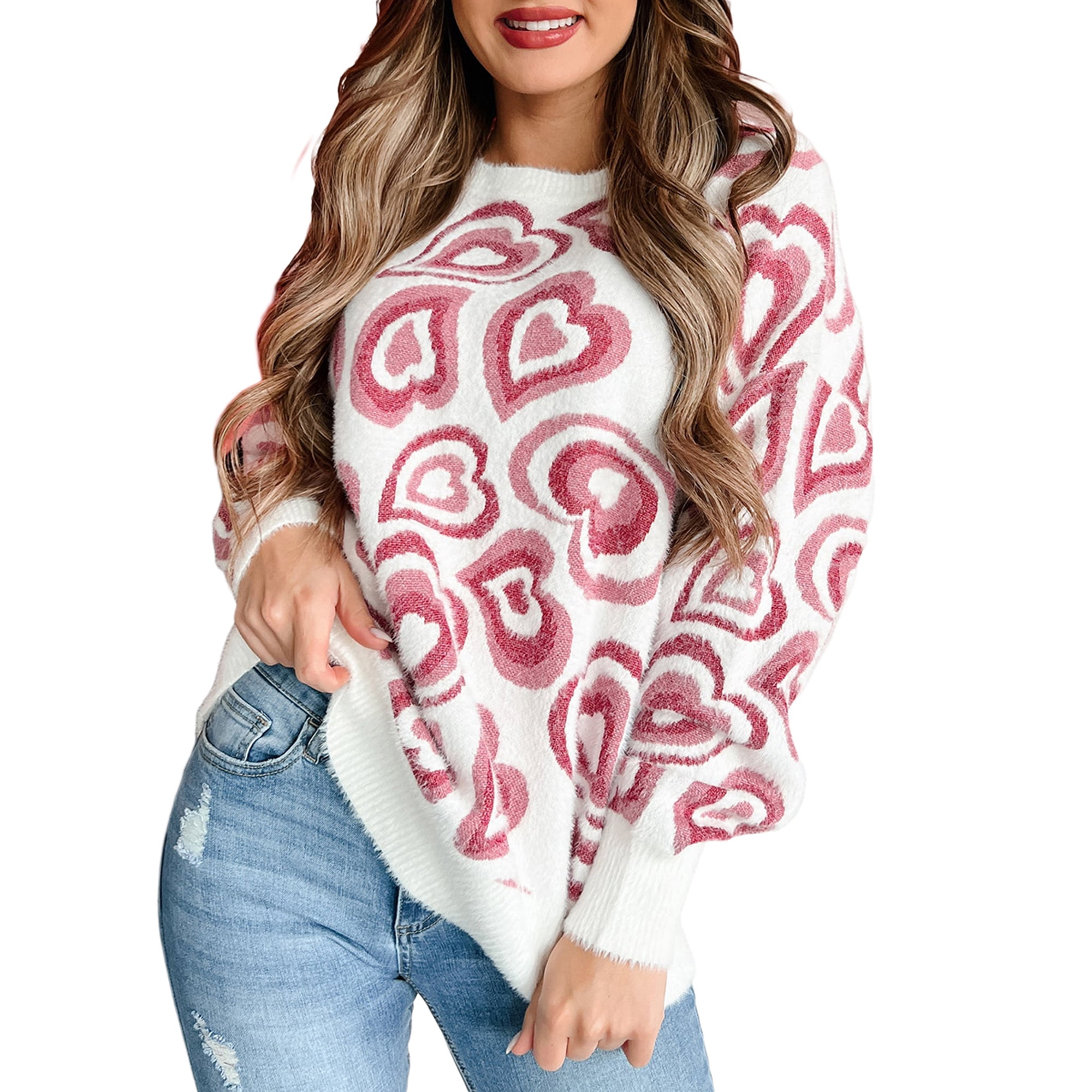 EYIIYE Womens Heart Fuzzy Sweater Teen Girl Long Sleeve Knitwear Pullover Round Neck Knit Chunky Cable Jumpers Ladies Loose Casual Soft Tops for