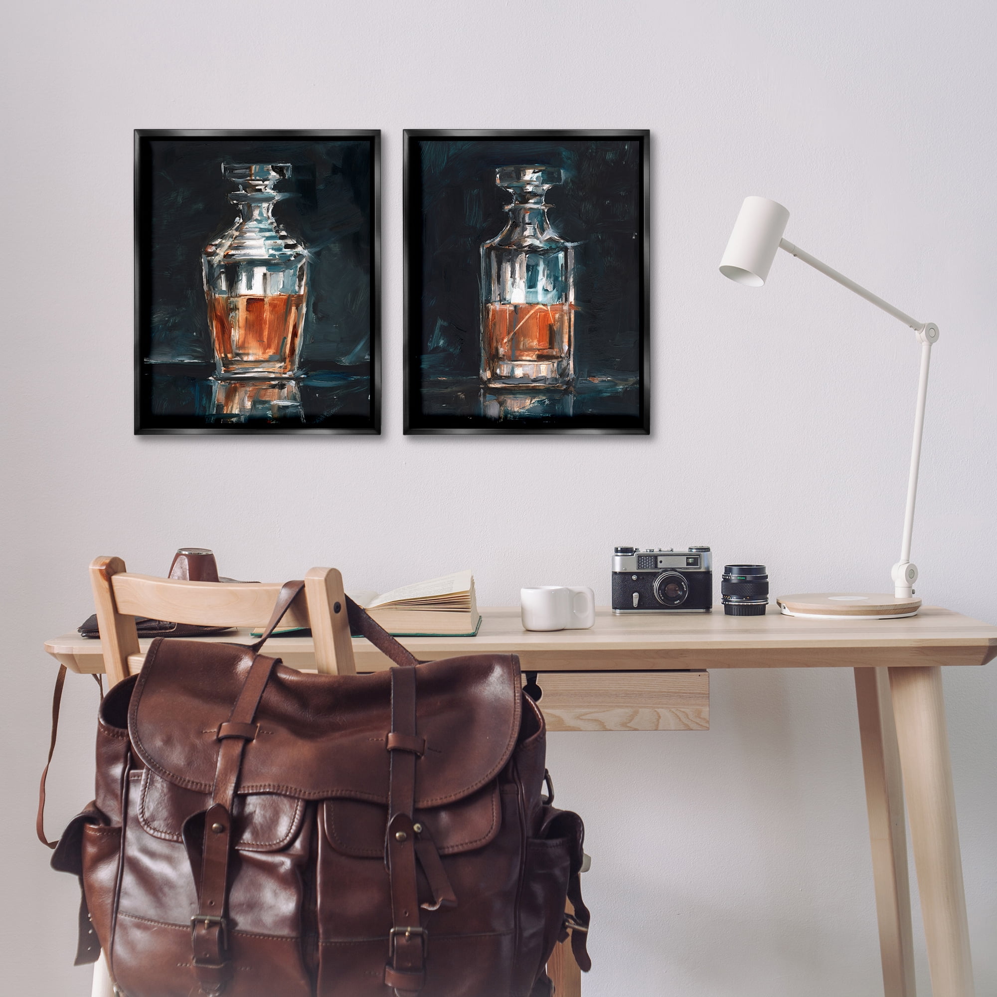 Stupell Industries Abstract Whiskey Decanters Food & Beverage Painting Black Floater Framed Canvas Art Print Wall Art, 17 x 21, Set of 2