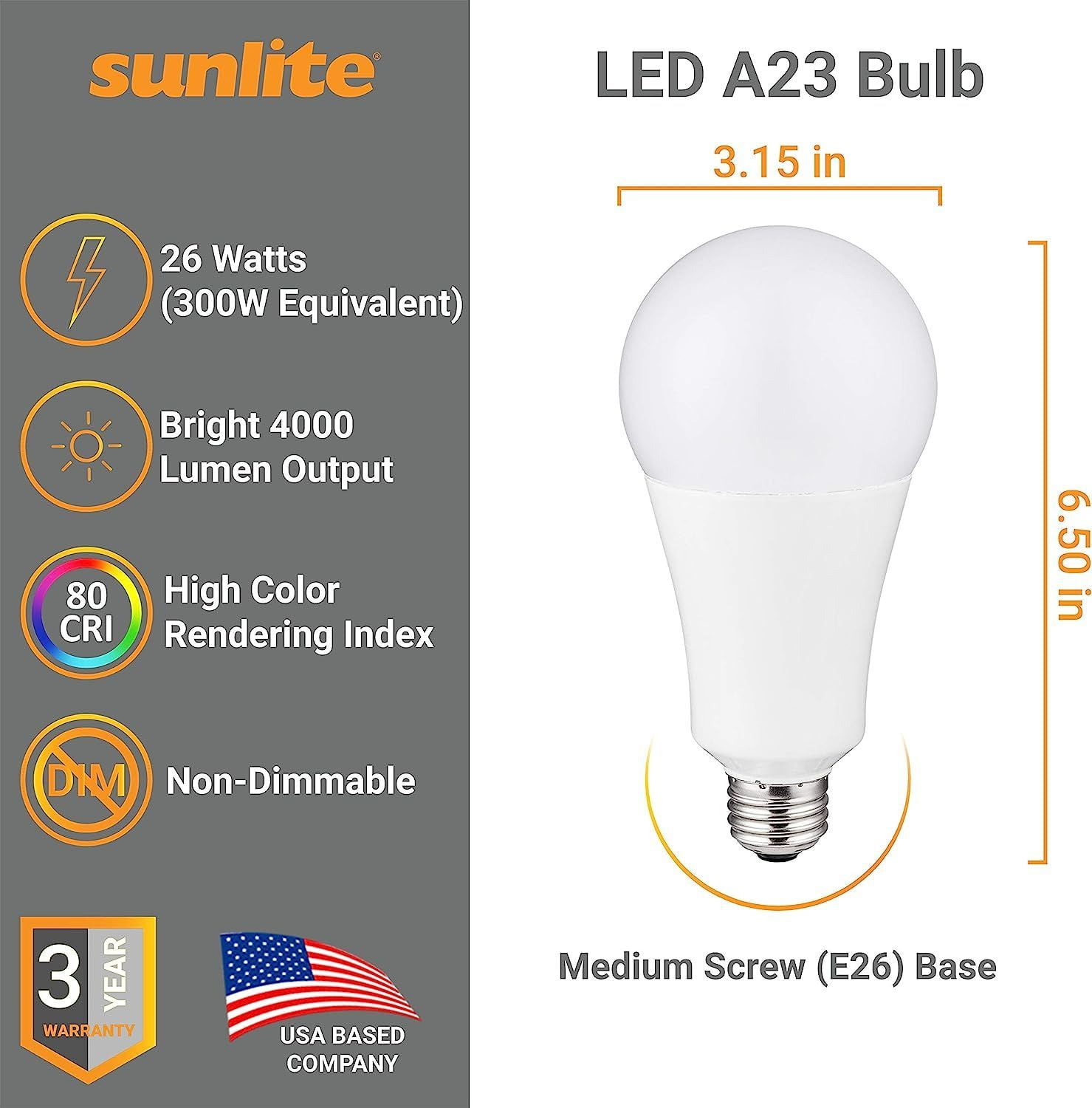 Sunlite LED A23 Light Bulb, 26 Watts (300W Equivalent), Medium E26 Base, Non-Dimmable,UL Listed, 5000K Daylight, 1-Pack