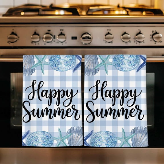 Summer Ocean Kitchen Towels Set of 1, Blue Coastal Starfish Seashell Conch Plaid Absorbent Dish Towels for Kitchen, Microfiber Hand Towel, Quick Drying Tea Towel for Cleaning Decorative Dishcloths