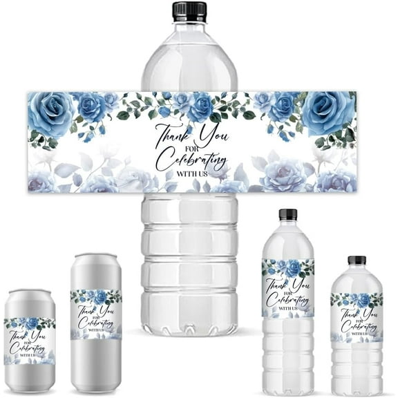 30sheets 30pcs Water Bottle Labels Blue Roses Thank You Stickers for Wedding Bottel Wraps for Shower Celebration Self Adhesive Bottle Labels for Birthday 8.5x2.5 inches