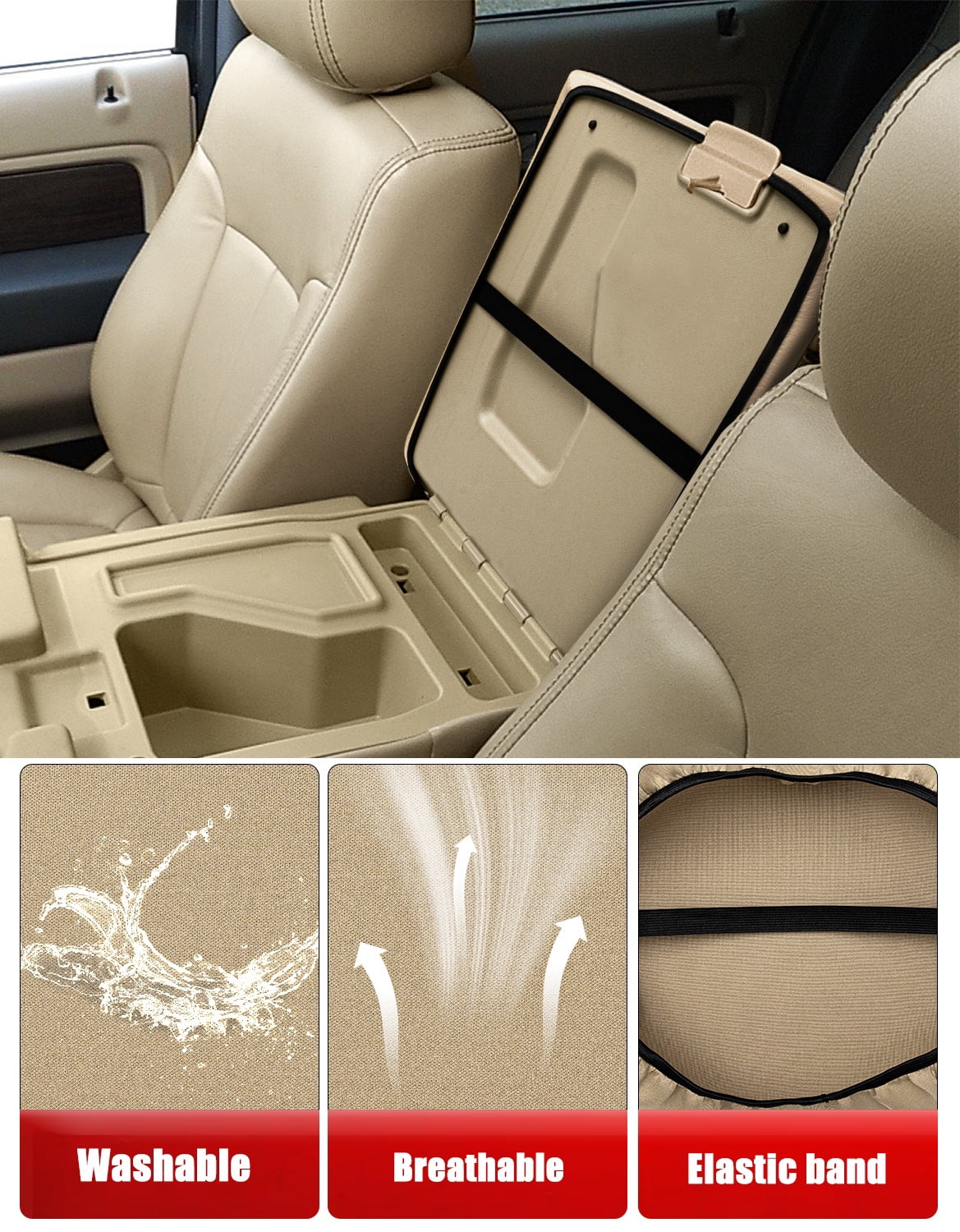 KBH Center Console Cover for 2011-2014 Ford F150 Accessories, Washable Arm Rest Protector Covering for Car, Beige(Fits Jump Seat Console Only)
